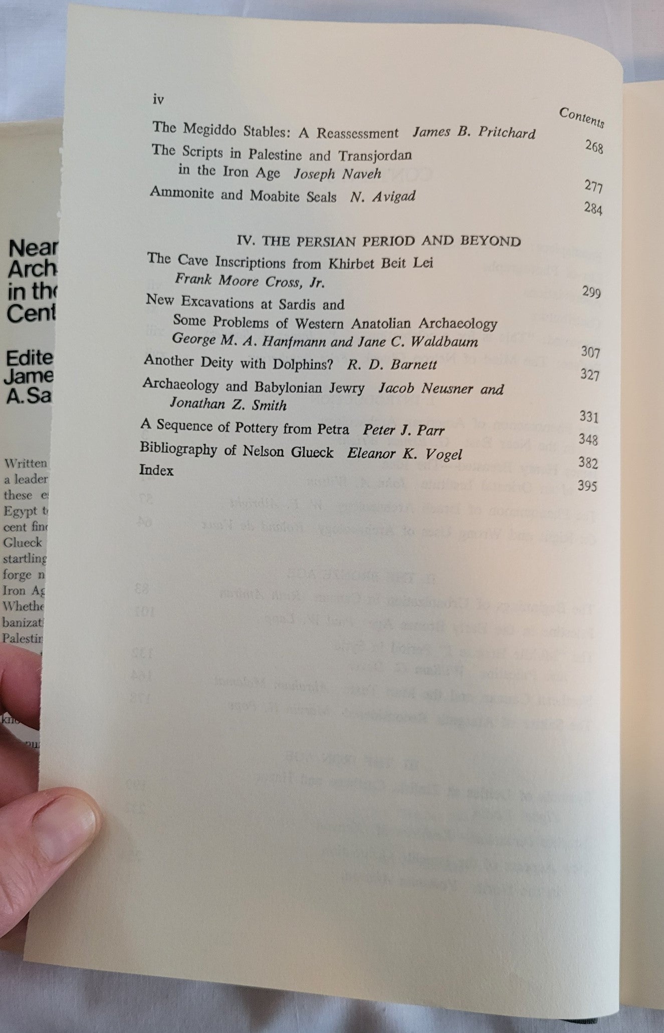 Used book for sale, “Near Eastern Archaeology in the Twentieth Century” edited by James A. Sanders, written in honor of Nelson Glueck. View of table of contents.