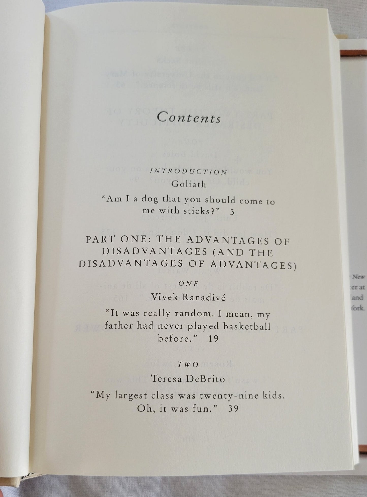 Used book David and Goliath: Underdogs, Misfits, and the Art of Battling Giants, written by Malcolm Gladwell.  View of table of contents.