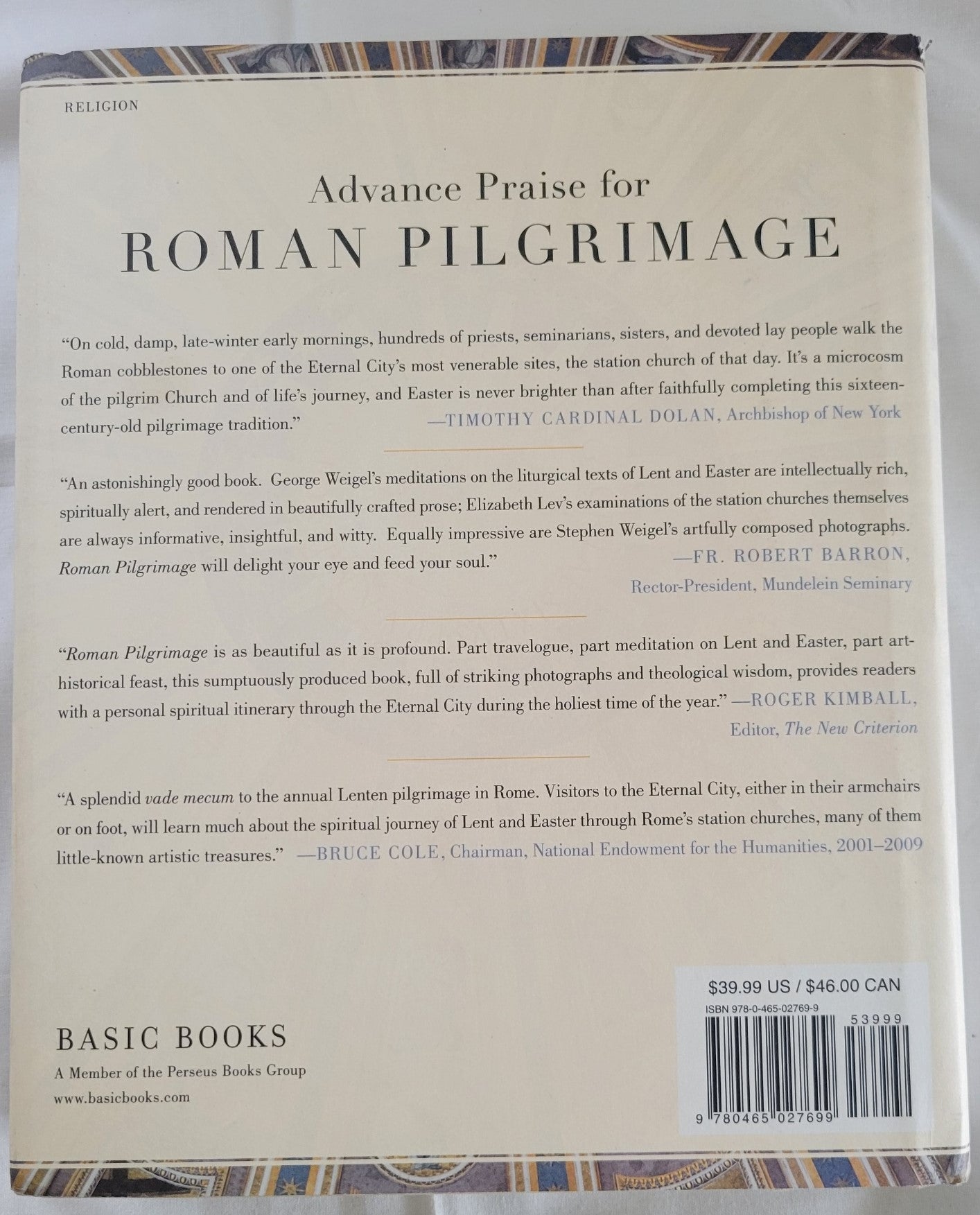 Used book for sale “Roman Pilgrimage: The Station Churches” by George Weigel with Elizabeth Lev and Stephen Weigel. View of back cover.