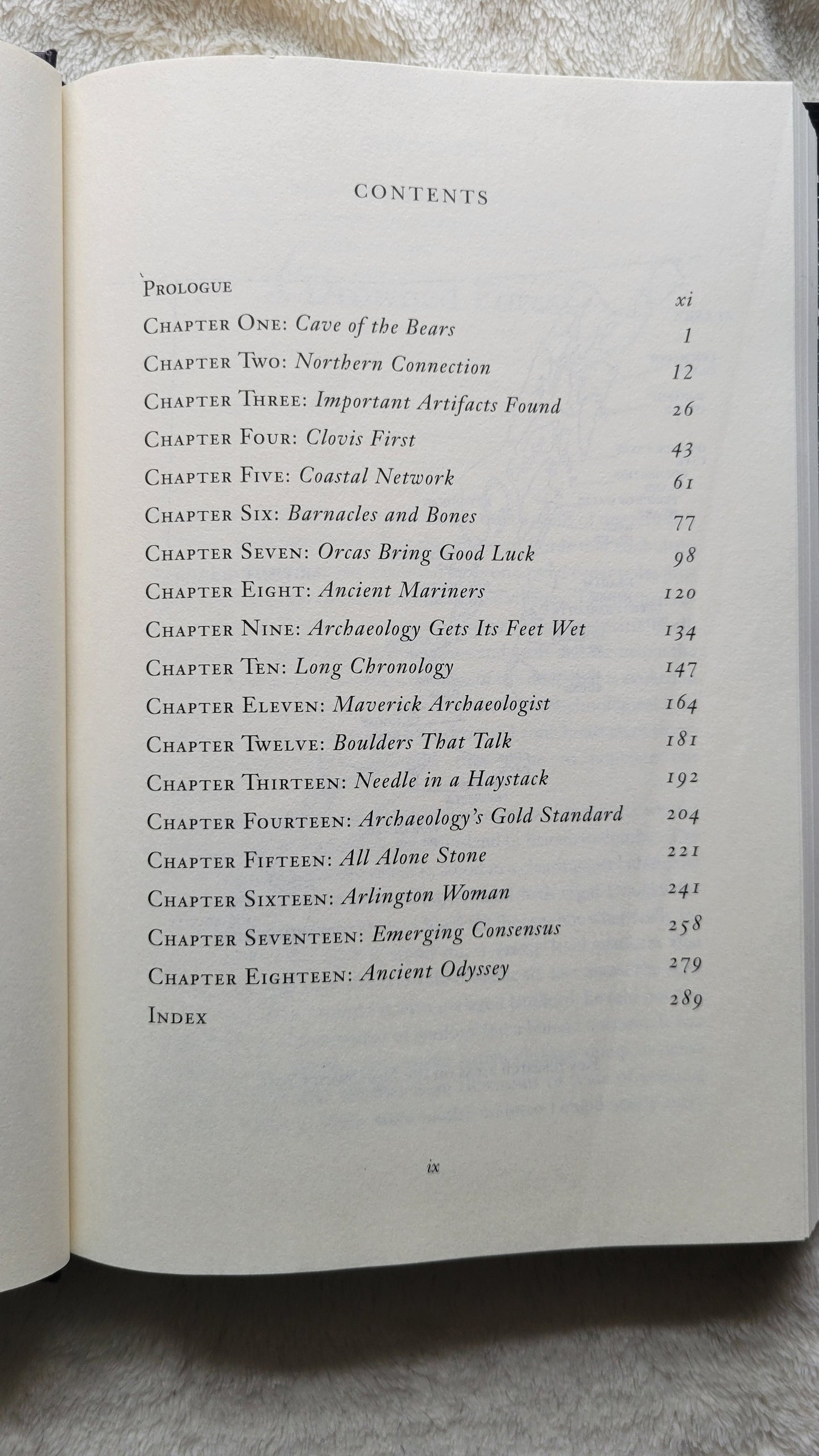 Used book for sale, "Lost World: Rewriting Prehistory – How New Science is Tracing America’s Ice Age Mariners" written by Tom Koppel, published by Atria Books, 2010. View of table of contents