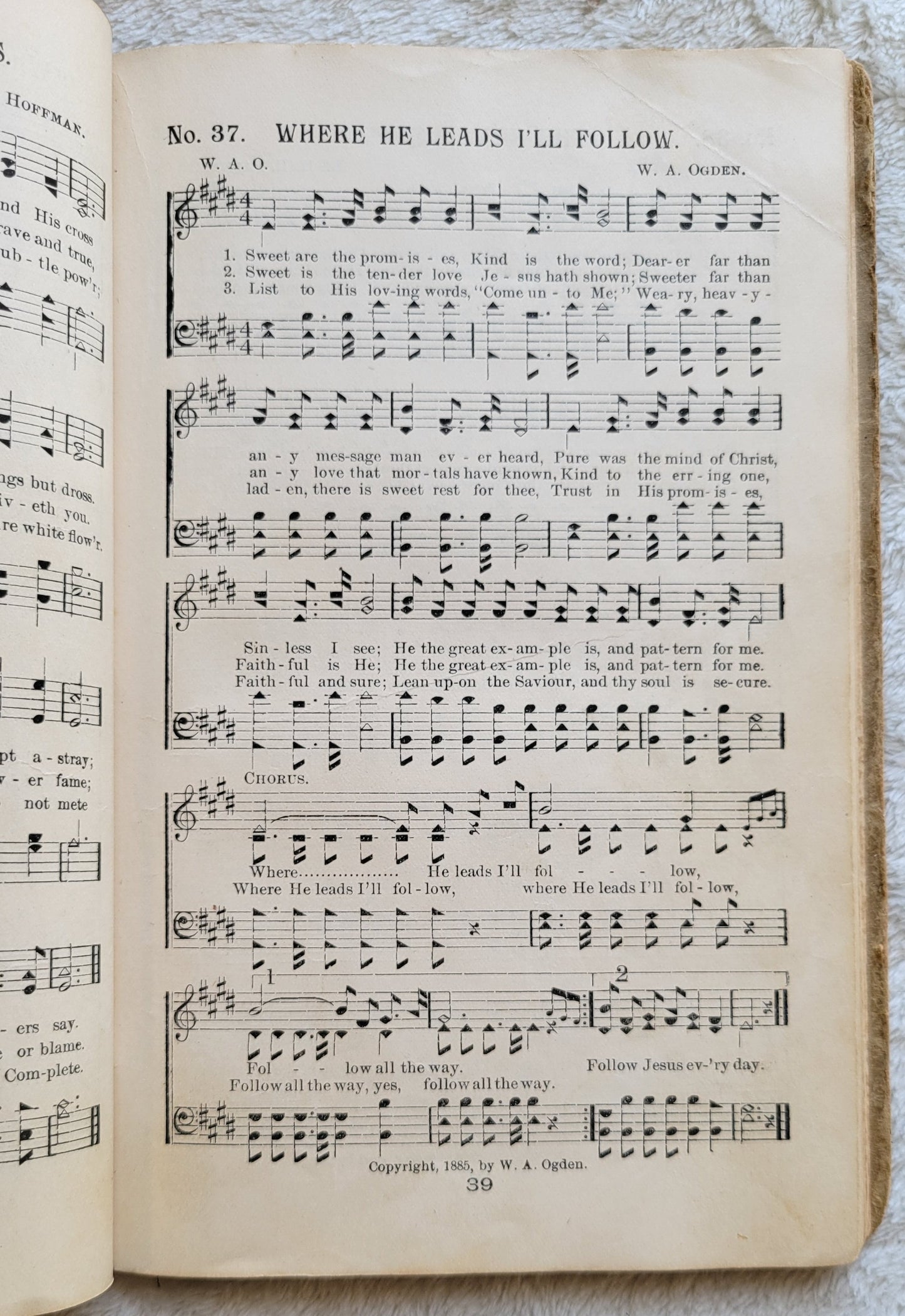 Antique book Crowning Day No. 5 is a Christian hymn book, copyrighted in 1902 by J. H. Hall, W. H. Ruebush, and J. H. Ruebush and published by the Ruebush-Kieffer Company, Dayton, Virginia.  View of song no. 37 Where He Leads I'll Follow