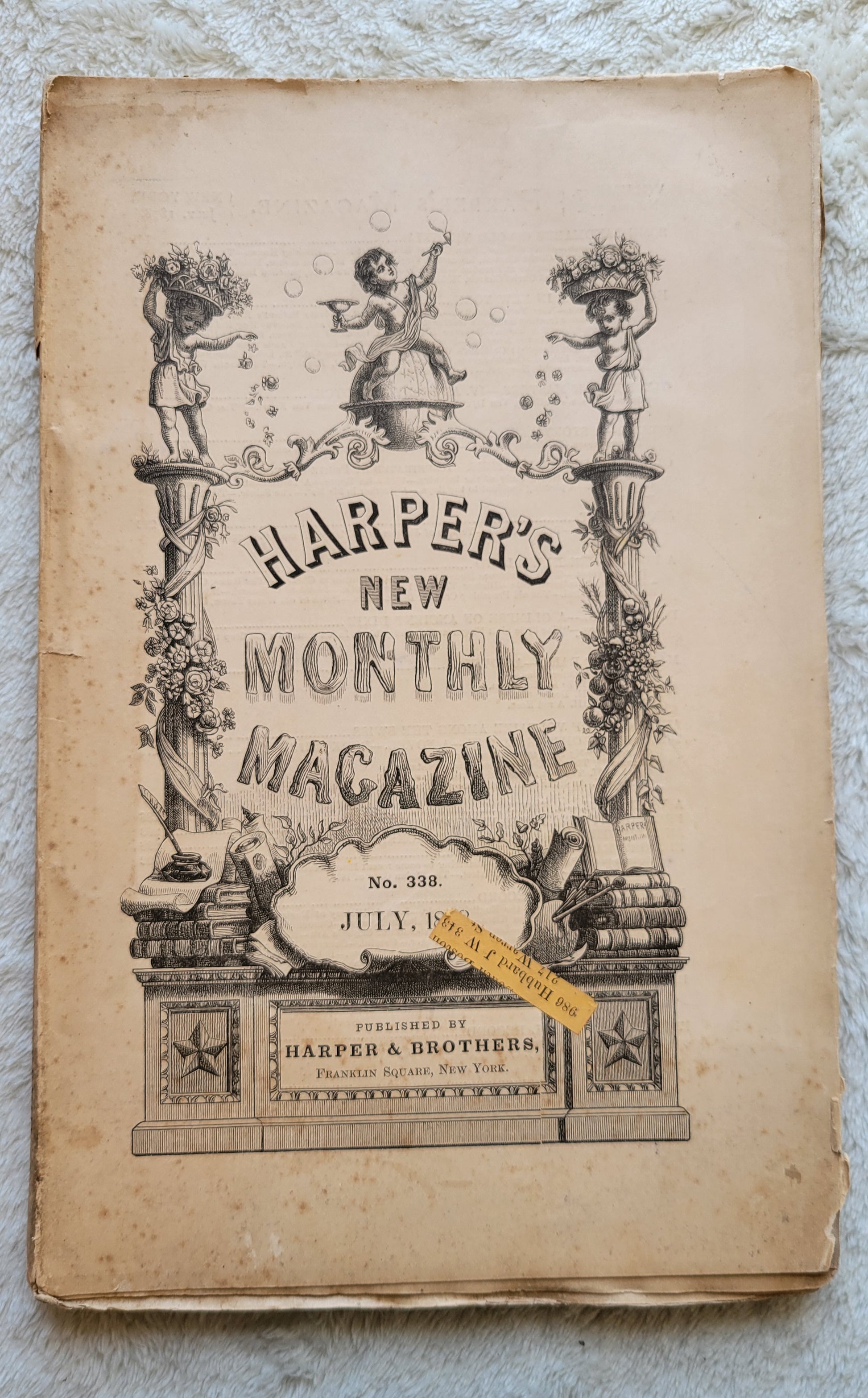 Antique magazine for sale, Volume 57 Number 338, July 1878 of Harper's New Monthly Magazine, published by Harper & Brothers, Franklin Square, New York. View of front cover.