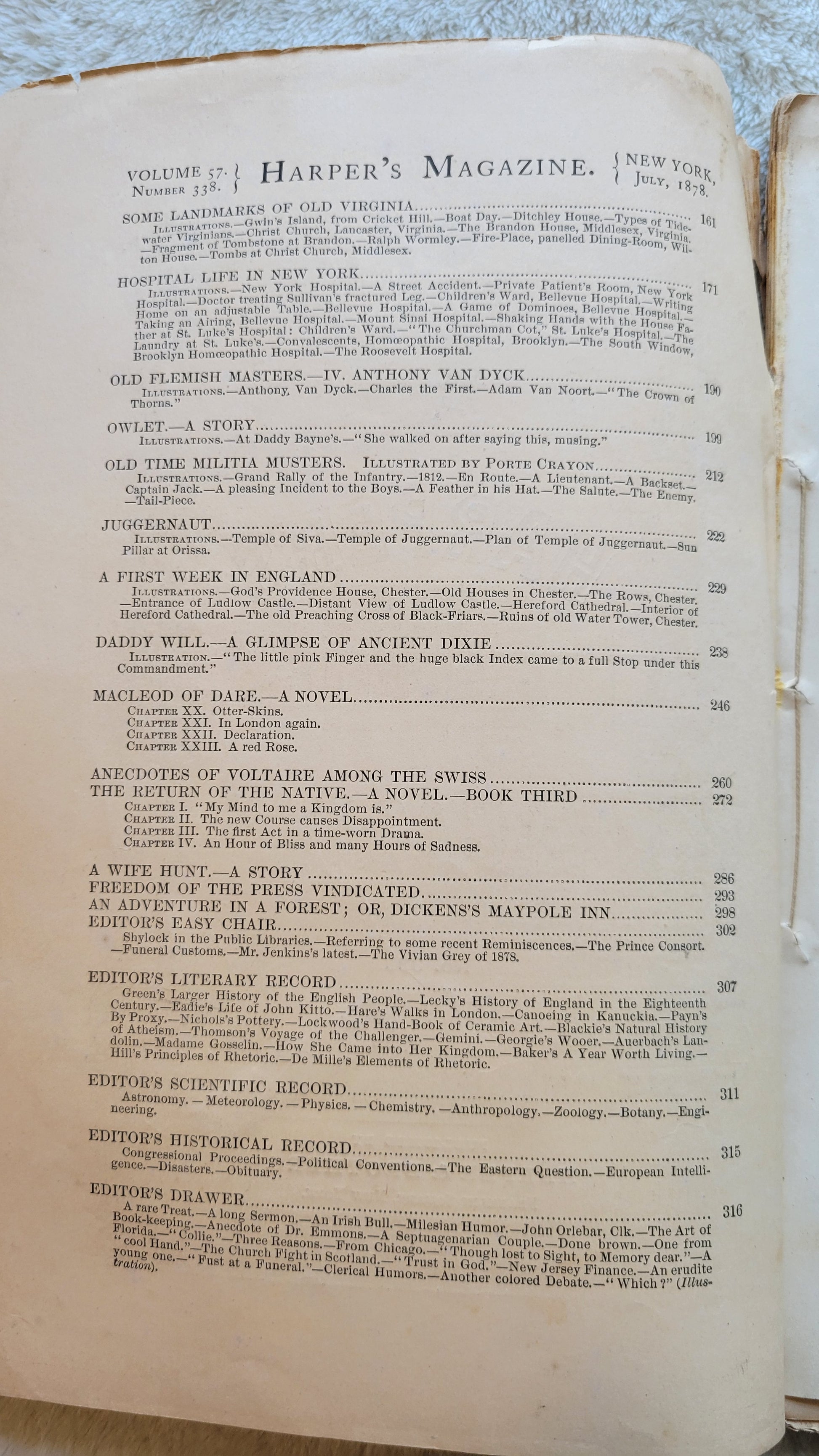 Antique magazine for sale, Volume 57 Number 338, July 1878 of Harper's New Monthly Magazine, published by Harper & Brothers, Franklin Square, New York. View of table of contents.