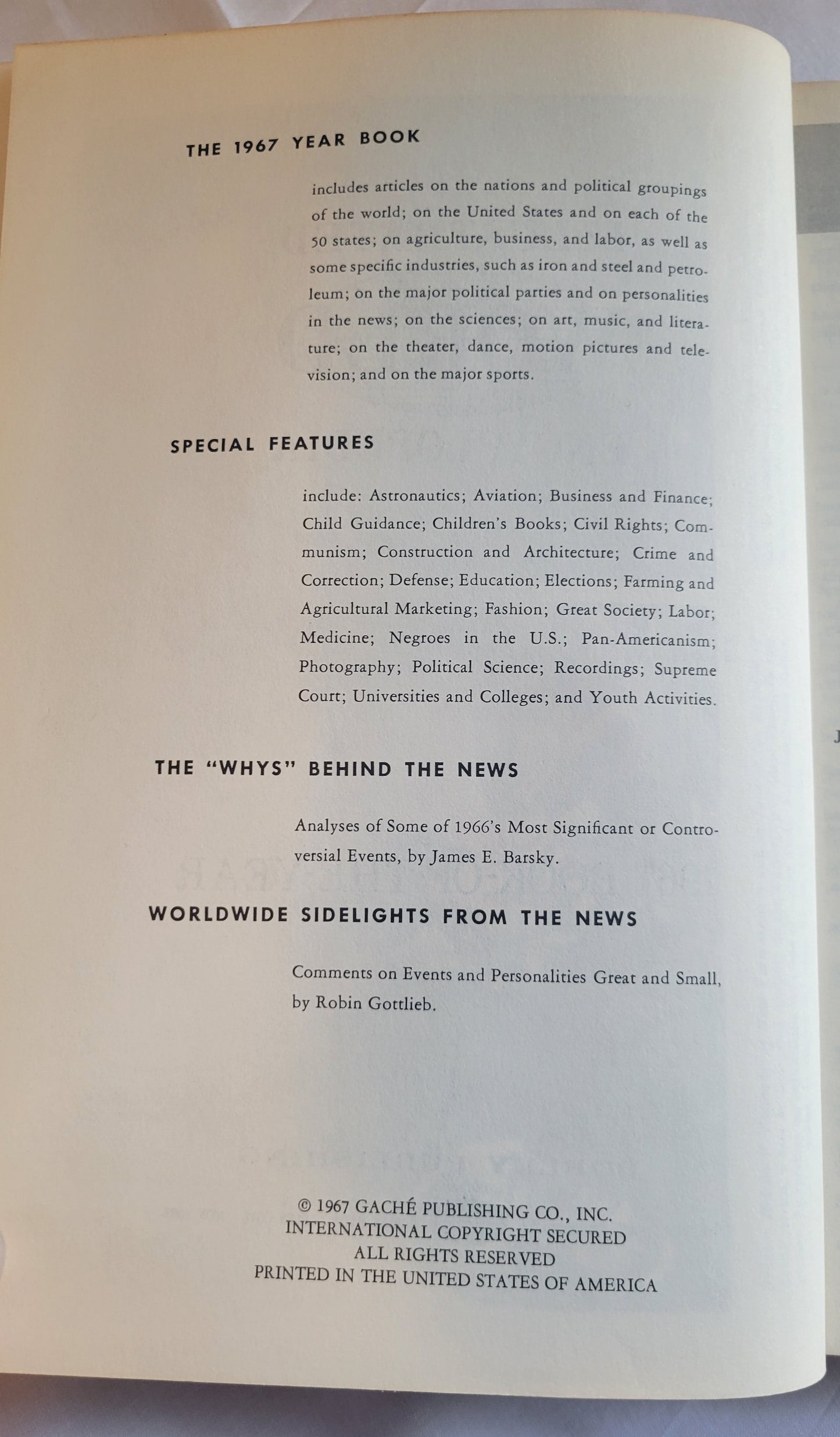 Vintage book for sale "Illustrated World Encyclopedia: 1967 Book-of-the-Year" published by Bobley Publishing in 1967. An encyclopedia of world events in 1967, with pictures and graphics. View of copyright info.