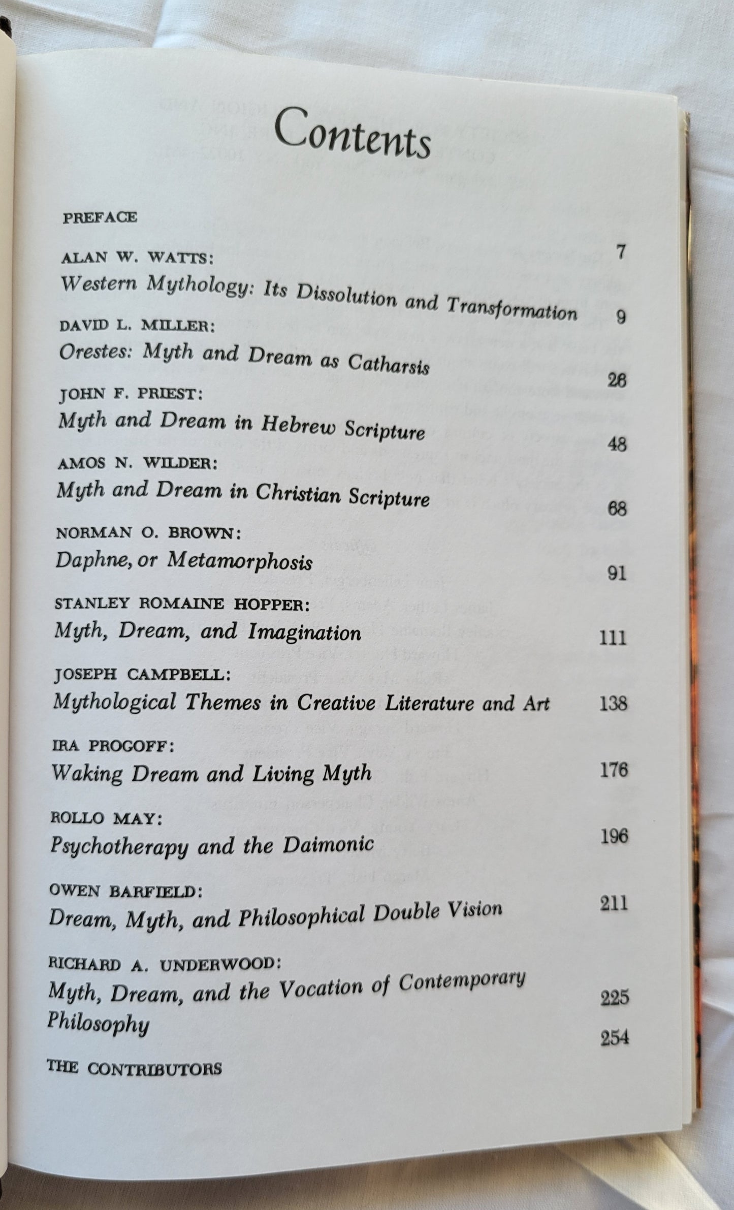 Used book for sale, "Myths, Dreams, and Religion" is a collection of essays by various authors - including Alan Watts, John F. Priest, and more - and is edited by the famous Joseph Campbell. View of table of contents.