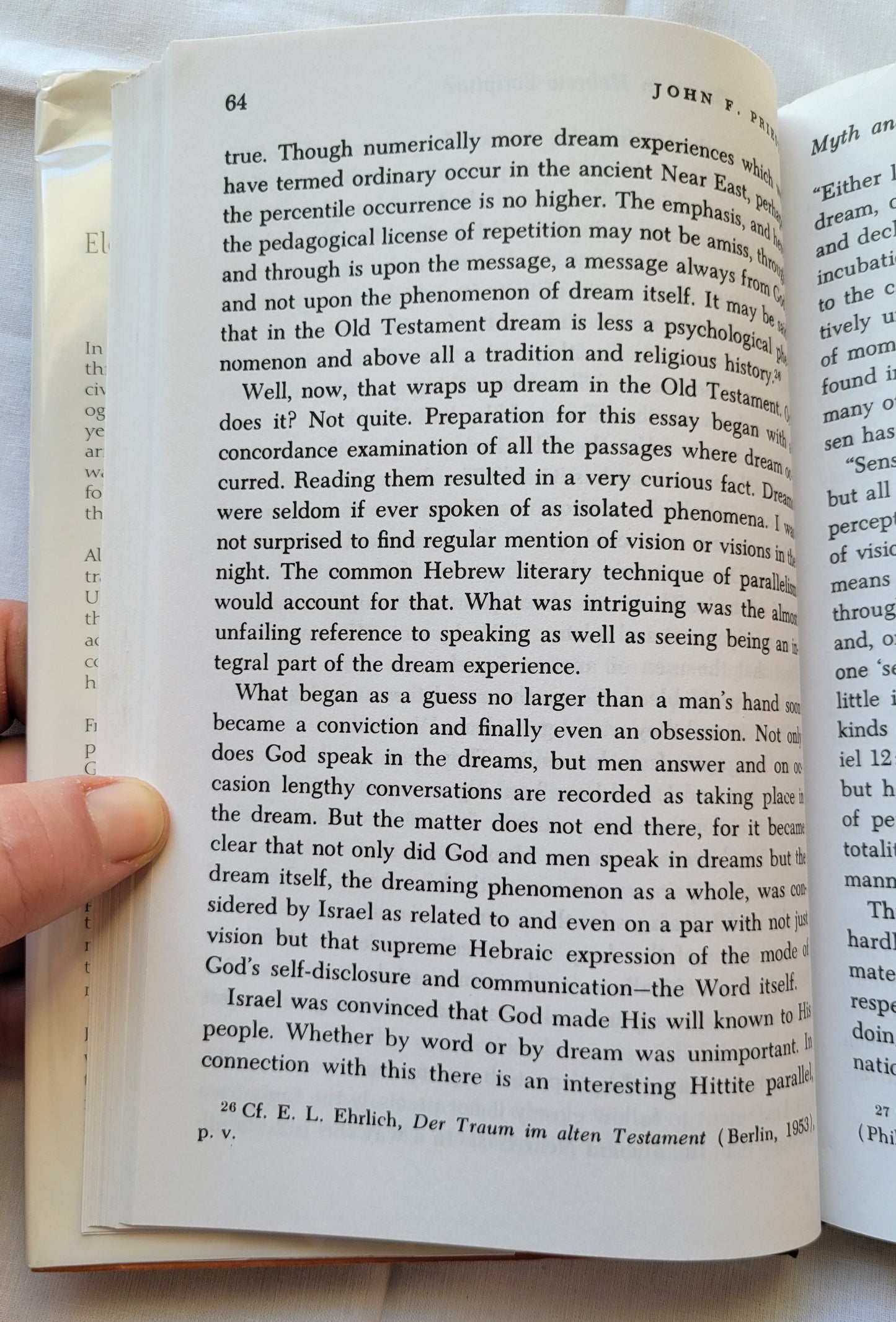 Used book for sale, "Myths, Dreams, and Religion" is a collection of essays by various authors - including Alan Watts, John F. Priest, and more - and is edited by the famous Joseph Campbell. View of page 64.